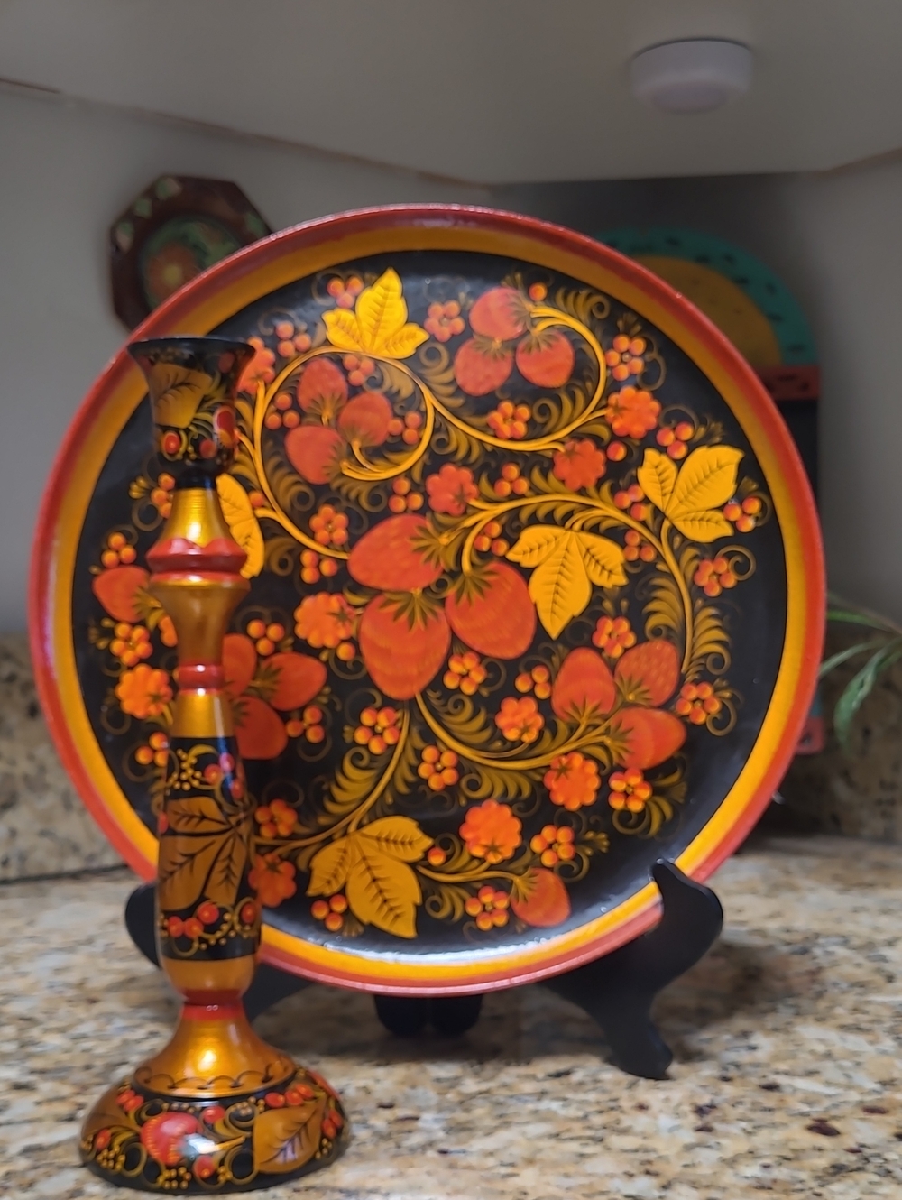 Hand-Painted Strawberry Khokhloma Tray and Candleholder